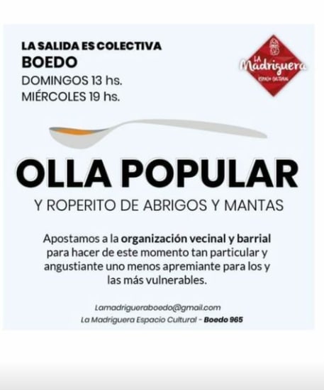 olla popular Avenida Boedo 965 caba. Domingos 13hs. Miércoles 19hs