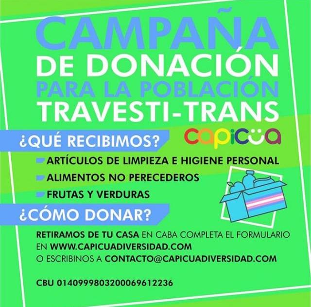 Volante con información sobre la campaña de donación para la población travesti-trans de Capicüa