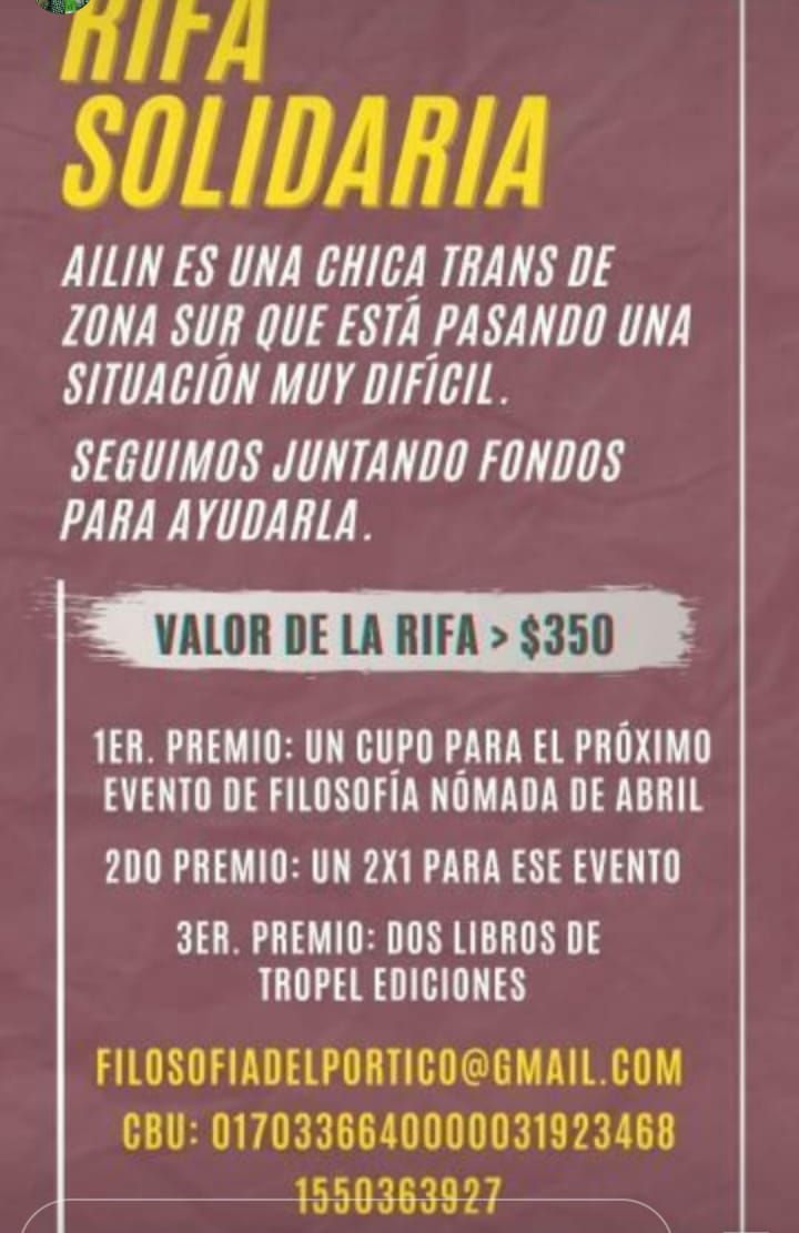 rifa solidaria para Ailin, una chica trans de zona sur que esta pasando una situación muy difícil. En la imagen estan los datos del correo, de la cuenta bancaria y un celular.