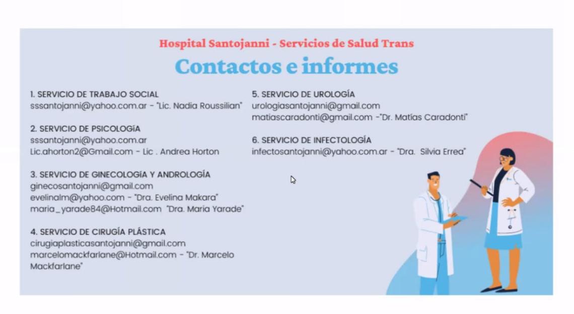 Servicios Salud Trans.Hospital Santojanni. Trabajo Social. Psicología. Ginecología. Andrología. Cirugía plástica. Urología. Infectología.