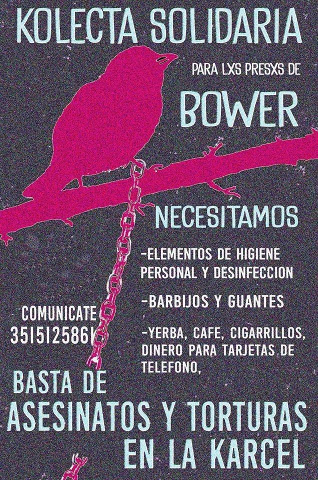 Volante con información sobre la colecta solidaria para lxs presxs de la cárcel Bouwer. Se ve la imagen de un pájaro rosa parado sobre una rama, con una pata encadenada