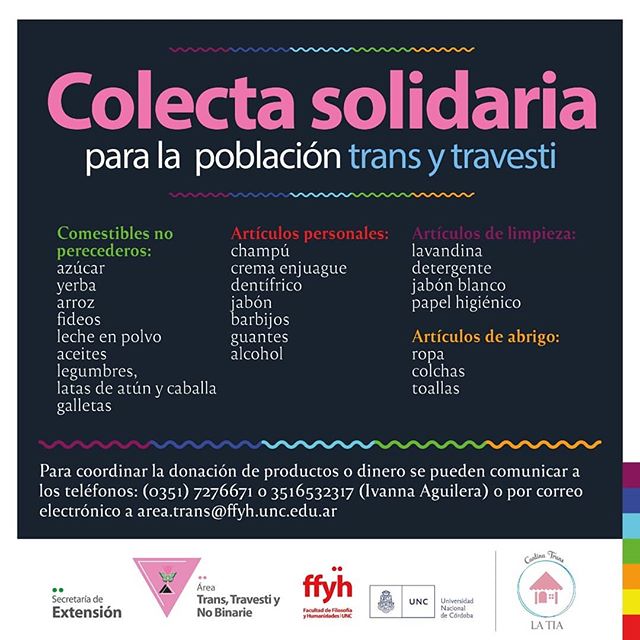 Volante con información sobre la colecta solidaria para la población trans y travesti organizada por el área Trans, Travesti y No Binarie de la FFYH de la universidad de Córdoba