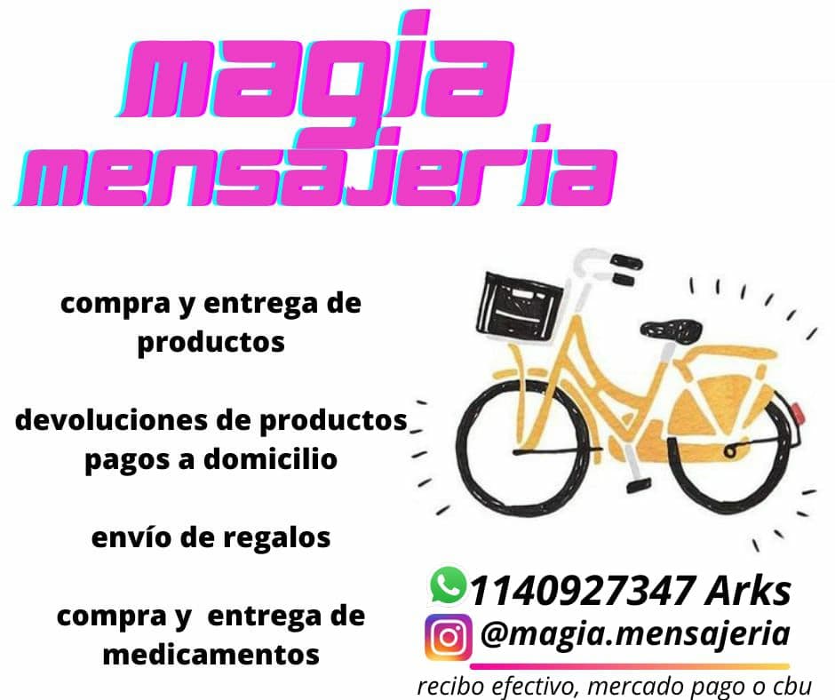 Bicimensajería, Compra y entrega de productos. Devoluciones de productos, pagos a domicilio, envío de regalos, compra y entrega de medicamentos.   whatsapp: 11 40927347  Recibe pagos en efectivo, mercadopago o CBU.