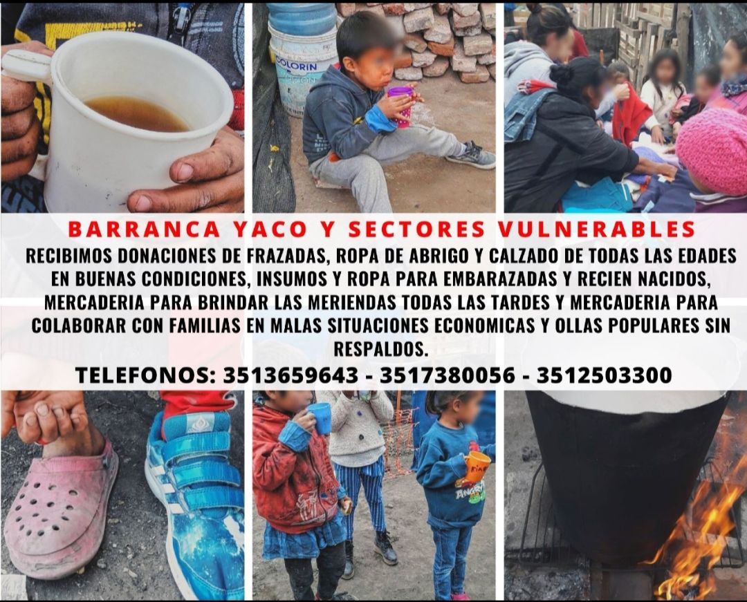 Volante con información sobre la colecta de insumos varios en Barranca Yaco, Córdoba. Se ven fotos de niñes merendando y ollas populares